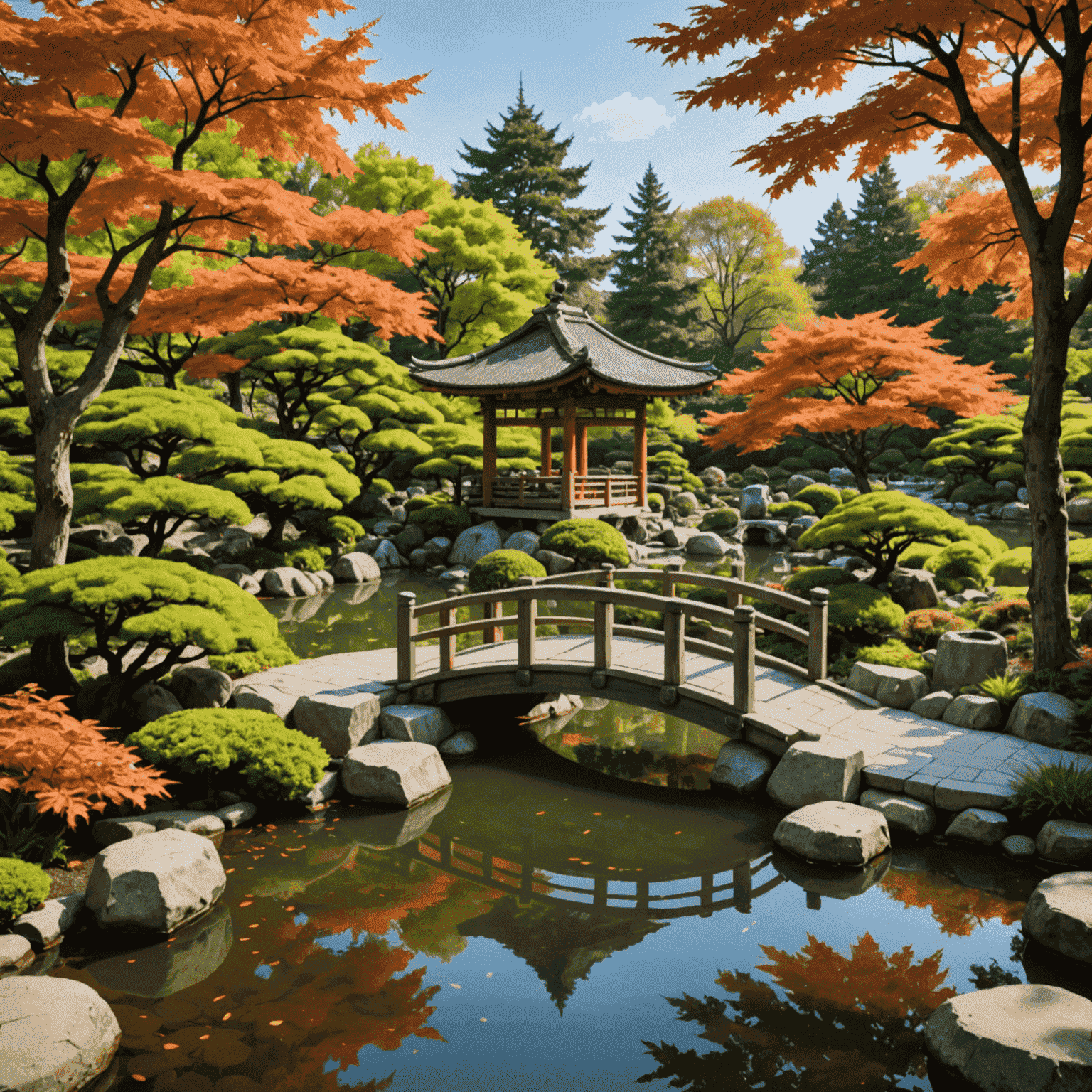 A serene Japanese garden with a small bridge over a koi pond, surrounded by maple trees and stone lanterns, symbolizing the peaceful lifestyle promoted by SereneLivingJapan