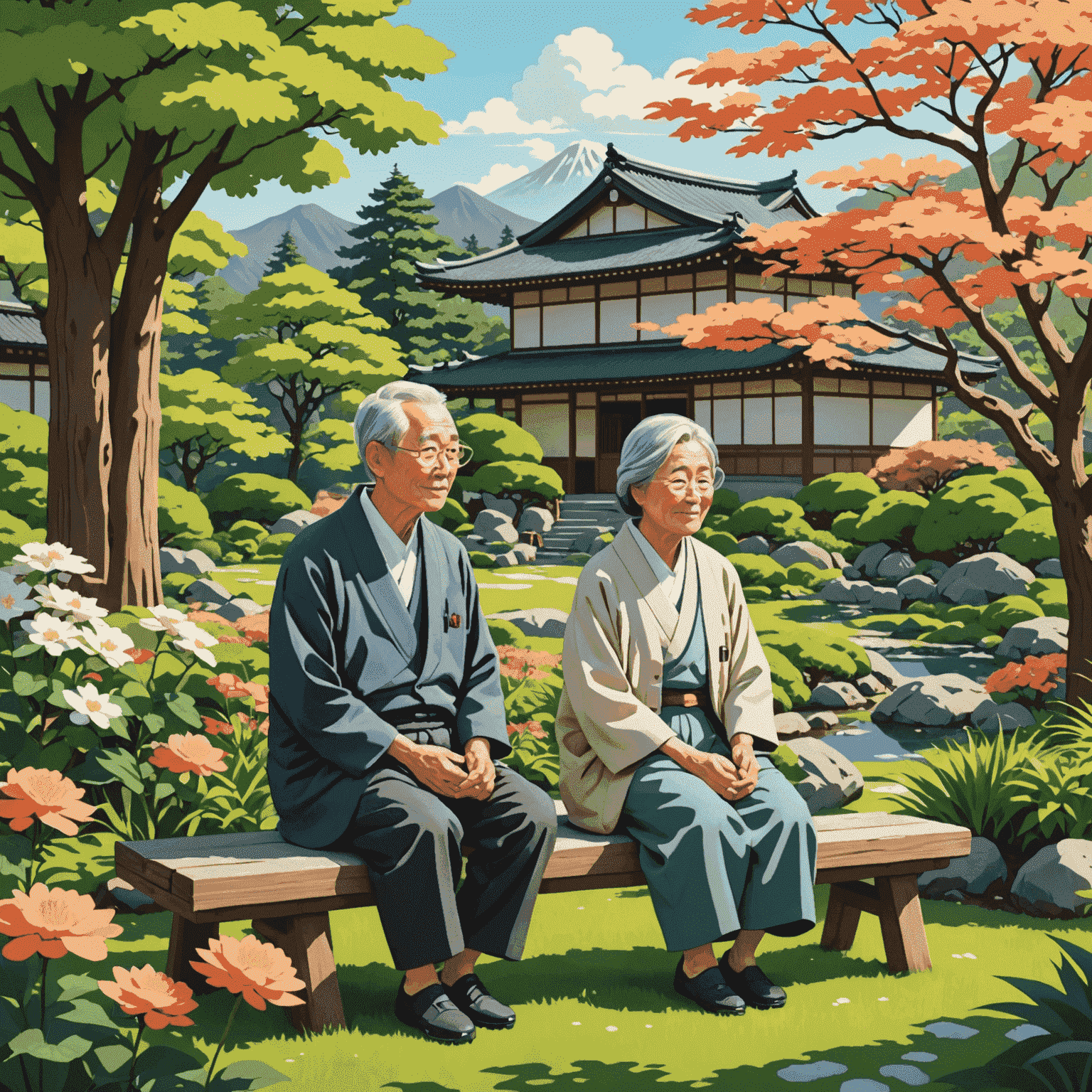 An elderly Japanese couple enjoying a peaceful garden, representing the concept of ikigai in retirement